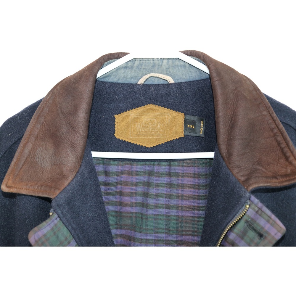 VINTAGE Woolrich Mens Navy Wool Blend Insulated Lined Jacket XXL Leather‎ Collar